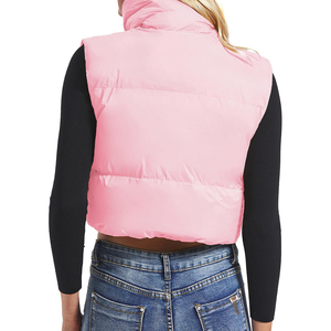 New <b>Women's</b> <b>Pink</b> Stand Collar Puffer <b>Vest</b> Zipper Closure Solid Color Casual Short Length Waterproof Windproof Embroidery Fur - Product Image 2