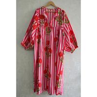 Robe longue d'été pour femme en coton 100% imprimé floral à la main, écologique, légère, respirante, col en V, manches bouffantes, naturelle
