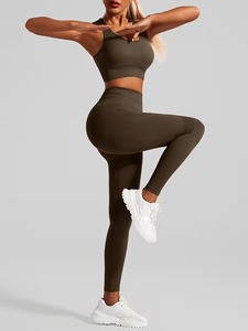 <b>Open</b> Lattice Back Sports <b>Bra</b> with High Rise Squat Proof Training Tights Set Womens 2 Pcs Seamless Fitness Yoga Suit Kit - Product Image 2
