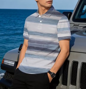 Men's Striped Short Sleeve for Shirt Casual Breathable Cotton Knitted Regular Fit Digital Printed Front Logo 180g - Product Image 5