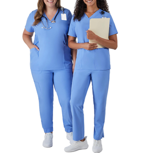 Soins infirmiers personnalisé hôpital gommages uniformes ensembles, col montant, manches courtes mode gommage ensembles tissés uniformes médicaux femmes vêtements de travail - Product Image 1