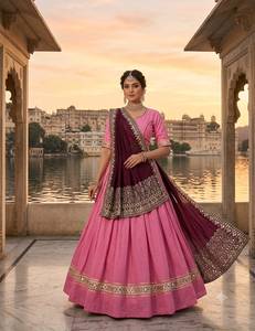 Lehenga Choli en soie rose avec dupatta bordeaux, longueur ras du sol, tenue de mariage traditionnelle pour femmes, style Inde Pakistan - Product Image 4