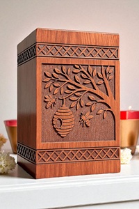 Handcrafted American Style Eco-Friendly Durable Wooden Cremation Urn Tree Bee Carving Personalized <b>Memorial</b> <b>Box</b> 220 Cubic Inch - Product Image 1