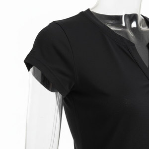 T-shirt en molleton tricoté noir à col rond et manches courtes pour femme, coupe classique, décontracté, respirant, 100 % coton, longueur normale, boutons sur le devant - Product Image 3