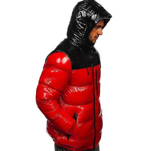 Veste matelassée pour homme, rouge et noir, à blocs de couleur, à capuche, coupe-vent, épaisse, isolée, pour l'hiver, fermeture éclair, style décontracté - Product Image 3