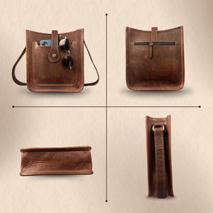Bolso bandolera de cuero genuino marrón para hombre – Bolso de viaje compacto con cierre de solapa y bolsillo con cremallera - Product Image 2