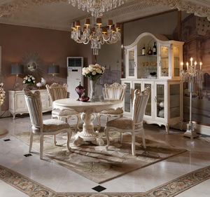 Ensemble de table à manger en teck massif blanc de luxe, style européen classique, sculpté, écologique, durable, pour hôtel, appartement, salle à manger - Product Image 1