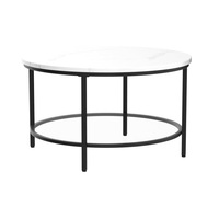 Table basse ronde en marbre blanc avec plateau en verre, table centrale à 2 niveaux avec rangement, table de cocktail moderne pour salon