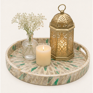 Plateau de service décoratif rond en nacre incrustée, fait main, mosaïque de coquillages, plateau de table basse, décoration d'intérieur avec poignée - Product Image 4
