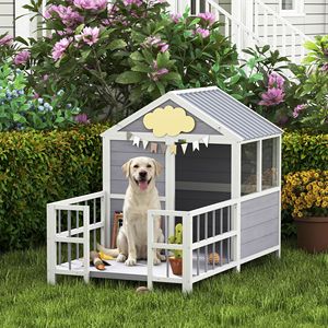 Cuccia per Cani Rettangolare in Legno 61"L con Veranda, Tetto Impermeabile, Base Rialzata, Prese d'Aria e Finestre di Osservazione - Product Image 2