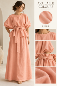 เดรสยาวสีพีชสำหรับผู้หญิง ขายส่ง ทรงปกติ แขนพอง มีเข็มขัดผูก สไตล์ลำลอง เรียบง่าย ผ้าฝ้าย เหมาะสำหรับวันหยุดและรีสอร์ท - Product Image 6