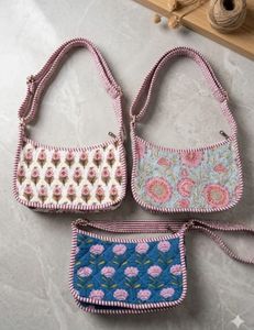 Assorted Premium Block Printed Floral Print Women Hand Bag <b>Quilted</b> Cotton Zipper Closure Pillow Shape Wholesale Gifting Purpose - Product Image 1
