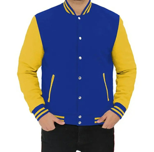 Custom High Street Unisex Basic Wool Baseball <b>Jacket</b> Letterman Stand Collar Outwear with Geometric Patchwork Design - Product Image 1