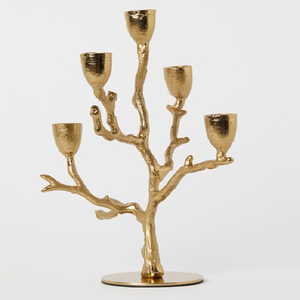 Elegant gold five branch tall <b>candelabra</b> showcasing a slender pillar stem extension, available at wholesale prices. - Product Image 2