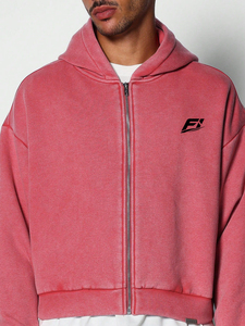 Sudadera con capucha vintage rosa con lavado ácido, logotipo personalizado, 100% algodón, con cremallera, oversize, corta, gruesa, estilo streetwear, lavada, 500GSM, para hombre, EE. UU. - Product Image 3