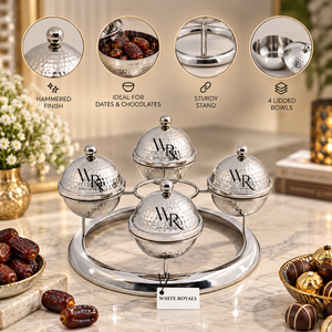 Ensemble de plats de service de luxe avec des bols en métal martelé et un support rond pour les dattes, les fruits secs, les chocolats, les noix, les collations, les bonbons - Product Image 2
