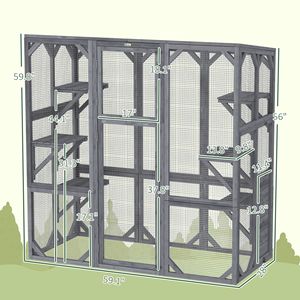 Grande Gabbia in Legno Grigia per 1-3 Gatti, 150x70x150 cm, Catio da Esterno con 6 Piattaforme per il Salto e Tetto con Pannello Solare - Product Image 3
