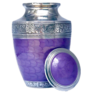 Vase funéraire élégant en métal avec bande gravée argentée, urne créative violette artisanale pour cendres humaines adultes - Product Image 2