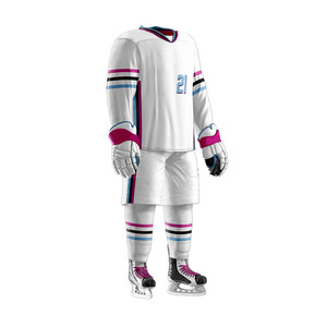 Ensemble d'uniformes de hockey sur glace personnalisés, rayé blanc, rose et bleu, sublimé, 100 % polyester, pour hommes, manches longues, col en V, vêtements respirants en maille - Product Image 3