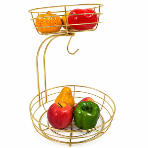 Panier à fruits en fil métallique à 2 niveaux avec support pour bananes et poignée en bois, étagère de rangement pour légumes sur comptoir pour l'organisation de la cuisine - Product Image 3