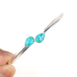 Wholesale 925 Sterling Silver Plated Natural Turquoise Gemstone Teardrop Cuff Bangle <b>Boho</b> Jewelry Handmade Minimalist Two Stone - Product Image 2