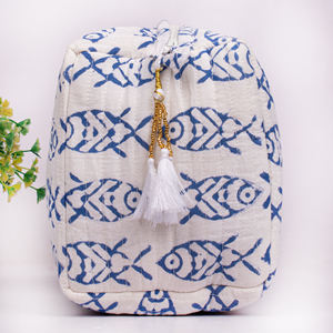 Pochette de maquillage de luxe en coton fait main, style matelassé, grande capacité, écologique, imprimée au bloc, lavable, avec fermeture éclair - Product Image 4