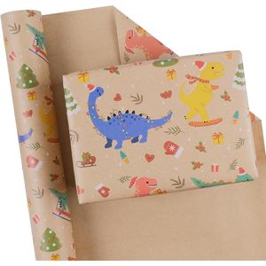 Rollos de Papel de Regalo Navideño Mini de 17 x 32 Pulgadas, Diseño de Dinosaurios Esquiando en la Nieve, Amarillo, Azul y Rojo, Artículos para Fiestas - Product Image 3