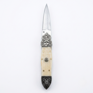 Custom OEM Stainless Steel Push Button Straight Clip Point Folding Pocket <b>Knife</b> Handmade <b>Bone</b> <b>Handle</b> EDC Hunting Fishing - Product Image 1