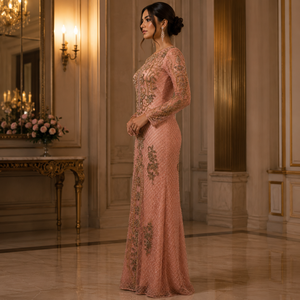 Luxury Blush Pink Beaded Evening Gown Women Long Sleeve Embroidered Maxi Dress Elegant Formal Wedding Party Bridal Designer - Product Image 3