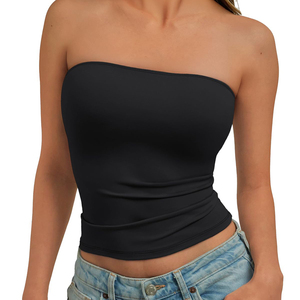 Women's <b>Black</b> <b>Strapless</b> Knitted Tank <b>Top</b> Solid Color Casual Breathable Short Length Ruched Design - Product Image 2