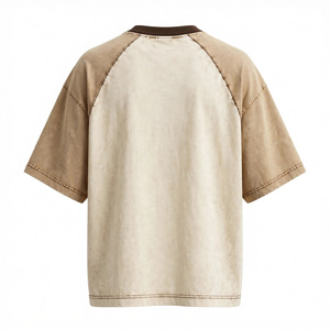 T-shirt Homme Grande Taille à Manches Raglan Oversize, Col Rond Contrastant avec Blocs de Couleurs Beige, 100% Coton, Style Streetwear Décontracté - Product Image 2
