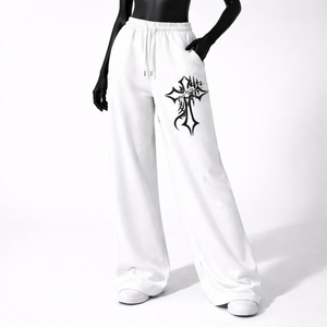 Pantalones Deportivos Blancos de Algodón para Hombre, Cintura Elástica con Cordón, Pantalones de Punto de Peso Medio Casuales con Logotipo de Cruz Negra en la Pierna Derecha - Product Image 4