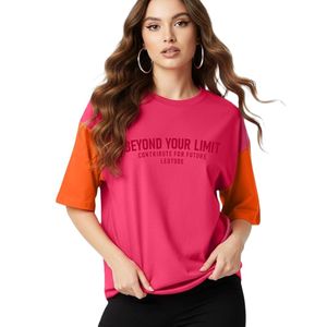 Half Sleeve Cottonblend Oversized Tshirt for Women, Round Neck Longline Printed Raglan Sleeve Colourblocked Drop Shoulder Baggie - Product Image 1
