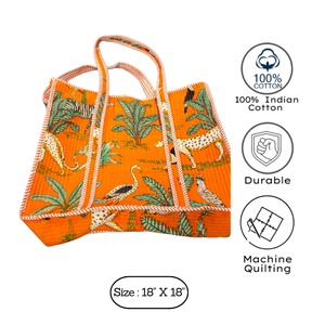 Orange Color Eco Friendly Jaipur Hand Block Print Tote <b>Bag</b> Quilted Cotton Handbag Zipper Closure Daily Use Shopping Gifting - Product Image 3