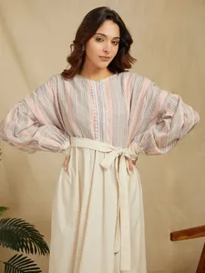 Striped <b>Linen</b> Cotton <b>Maxi</b> <b>Dress</b> With Lantern Sleeves Ruffle Hem Boho Loose Fit O-Neck Summer Casual <b>Dress</b> Sweet Style Natural - Product Image 3