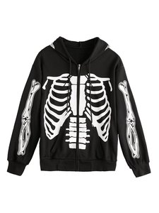 Sudadera con capucha gótica de esqueleto con cremallera completa personalizada, gráficos únicos inspirados en huesos, diseño de manga larga y estilo urbano a la moda. - Product Image 6