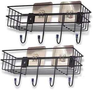 Estante de Almacenamiento de Hierro con 4 Ganchos, Organizador de Pared para Baño y Cocina, Estante de Almacenamiento de Metal Negro para Decoración del Hogar - Product Image 3