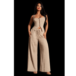 ชุดเซ็ตสไตล์คอร์เซ็ตสีเบจลายทางสำหรับผู้หญิง ประกอบด้วยเสื้อแขนกุดติดกระดุมด้านหน้า และกางเกงขายาวเอวสูงรูดเชือก - Product Image 1