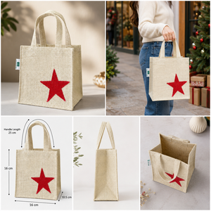 Bolsa de Regalo de Yute Navideña Personalizada, Bolsa de Mano Roja con Estrella de Lurex, 16x16x10.5 cm, Reutilizable, Venta al por Mayor, Fabricante OEM ODM, Exportador de Marca Privada - Product Image 2