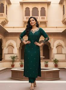 Ensemble Kurta et pantalon en soie romaine brodée verte avec dupatta, col cœur, coupe droite longueur mollet, tenue ethnique pour femme - Product Image 3