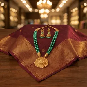 Traditional Temple Wedding Gift Jewelry Set Green Beaded Gold Plated Brass Necklace and Earrings Antique Style <b>for</b> Women - Product Image 6