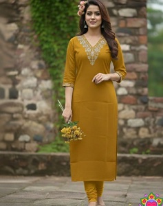 Kurtis de Algodón Slub a la Moda, Largos hasta el Tobillo, Color Amarillo Mostaza, Bordados, Cuello en V, Ropa Casual Tradicional, Estilo India-Pakistán - Product Image 1