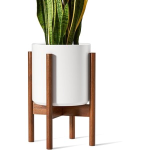 Support de plante en bois d'acacia avec pot en céramique - Support de pot de fleurs en bois en gros - Product Image 1
