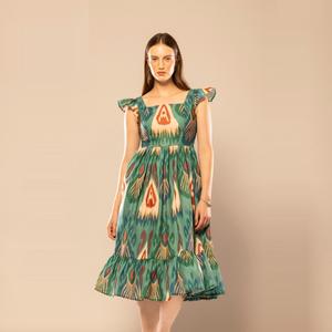 Durable Quality Green Abstract Printed Fit & Flare <b>Dress</b> with Unique Design Printed for Women Wedding Party and Daily Wear - Product Image 1