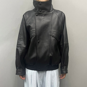 Hot Selling Women's for Loose Custom 100% Cotton Stand Collar Winter Genuine <b>Sheepskin</b> Motorcycle Leather <b>Jacket</b> - Product Image 3