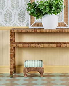 <b>Rectangular</b> Handwoven Rattan Bench Stool with Striped <b>Cushion</b> Top Elegant Natural Wicker Seating Durable Eco Friendly OEM ODM - Product Image 4