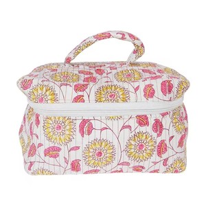 Floral Embroidered Cosmetic <b>Case</b> with Zipper Closure Soft Handle Medium Size Textile Makeup Bag Lovely Style - Product Image 1