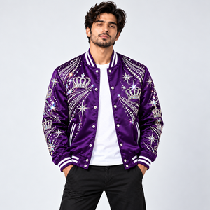 Chaqueta Varsity de Satén con Pedrería de Lujo, Elegante Chaqueta Bomber con Cristales y Estrellas, con Dobladillo Acanalado, para Moda Urbana y Fiestas - Product Image 1
