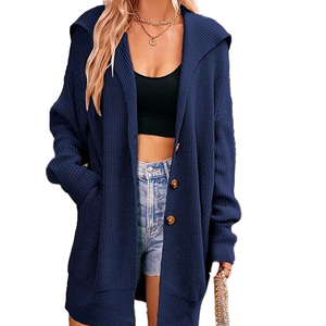 Luxury Class Women's <b>Navy</b> <b>Blue</b> Knitted Hooded <b>Cardigan</b> Long Sleeve Solid Color Button Front Casual Autumn Wear - Product Image 3