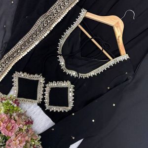 Robe de soirée en georgette brodée de sequins avec pantalon et dupatta pour femme |   Tenue de soirée et de mariage entièrement cousue, coupe évasée - Product Image 6